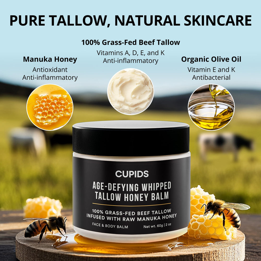 Cupids Tallow Balm on lips demonstrates soothing moisture.