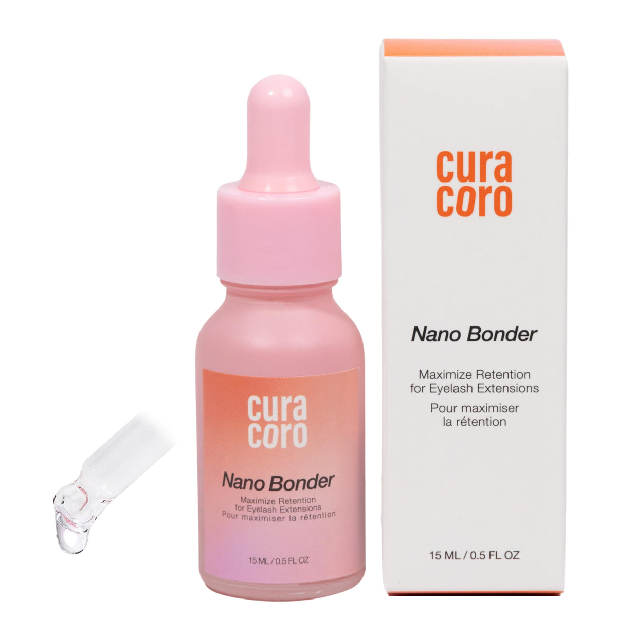 Curacoro Nano Lash Bonder bottle demonstrates professional lash sealing for longer retention.