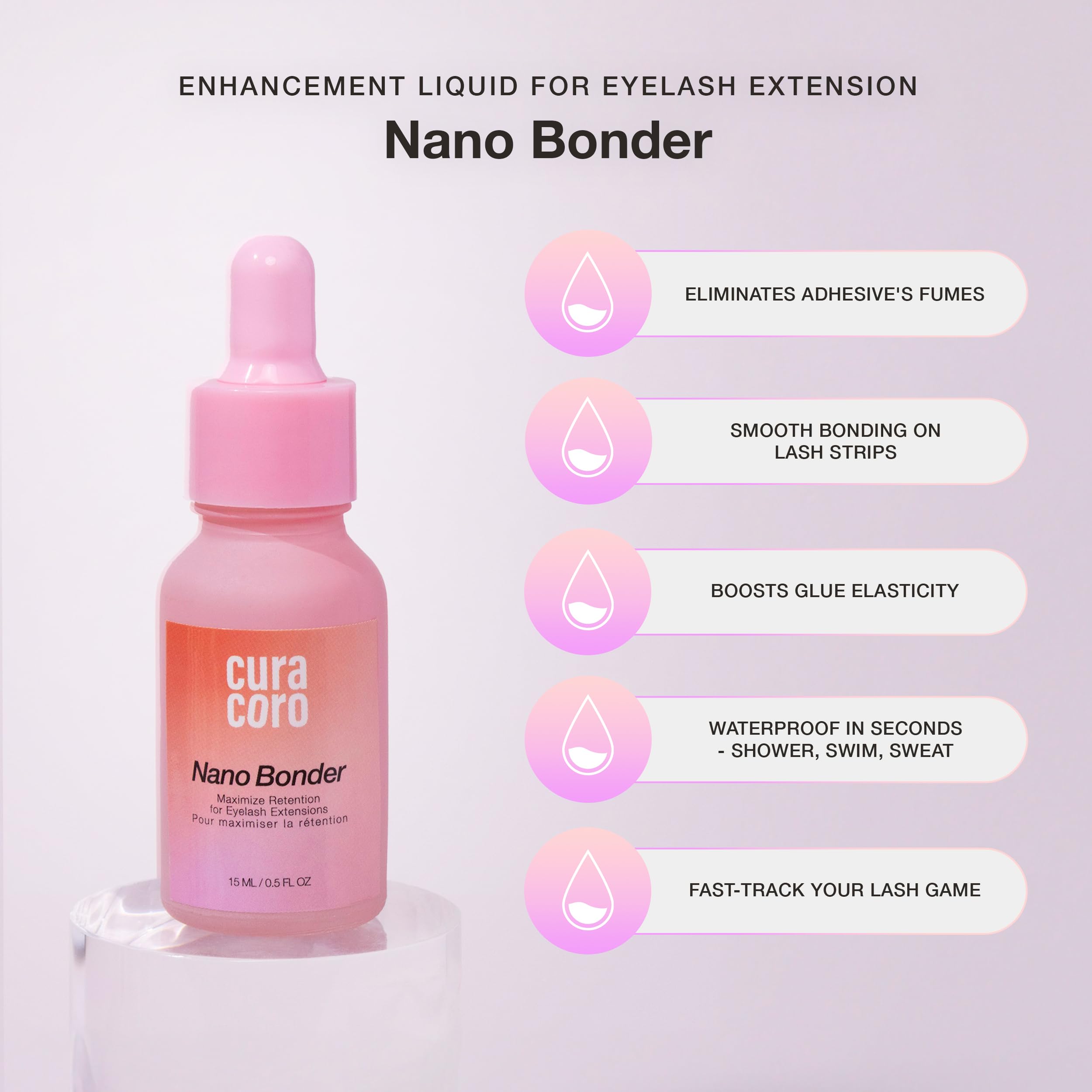 Curacoro Nano Lash Bonder highlights fumes reduction during bonding for comfort.