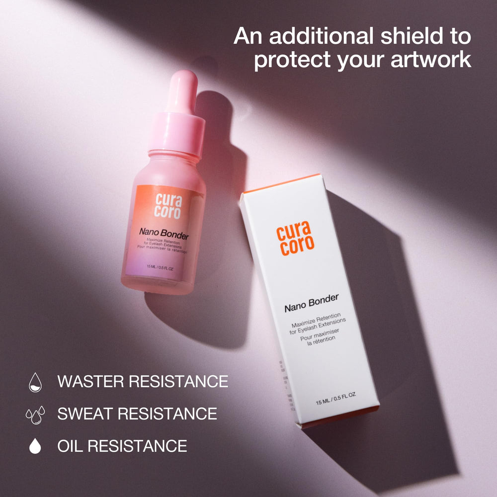Curacoro Nano Lash Bonder retention boost shown as extended lash wear potential.