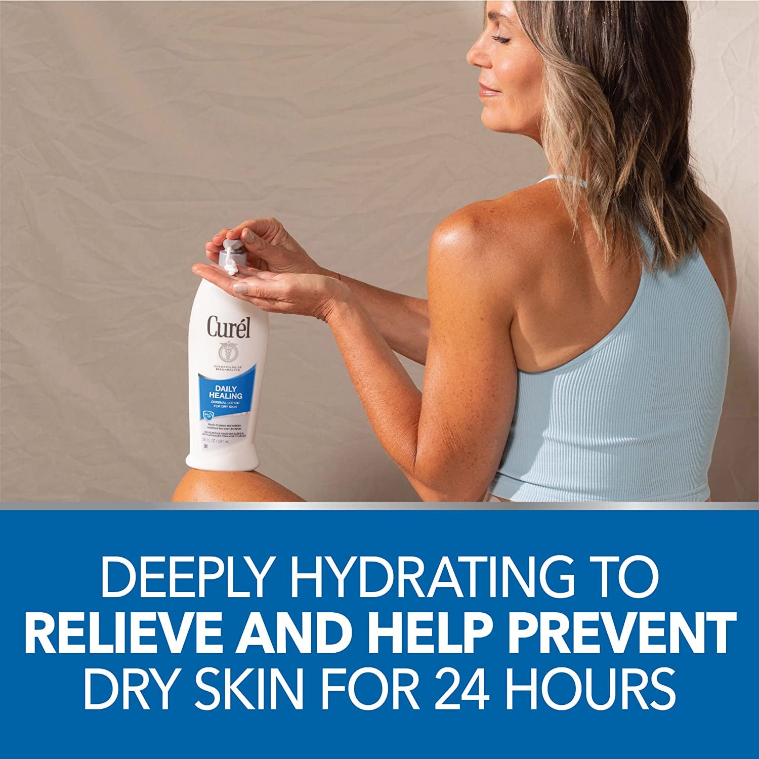 Angled bottle view emphasizes premium packaging of Curel lotion
