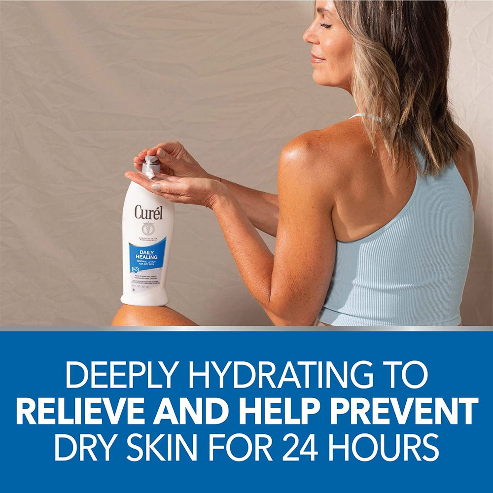 Angled bottle view emphasizes premium packaging of Curel lotion