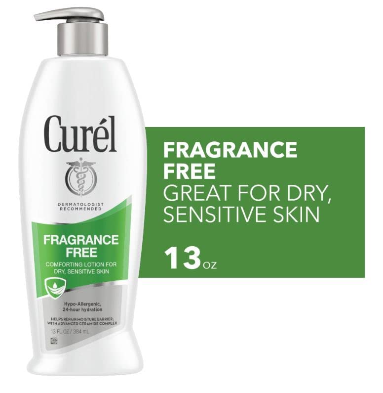 Curel label close-up emphasizing fragrance-free claim and gentle skincare