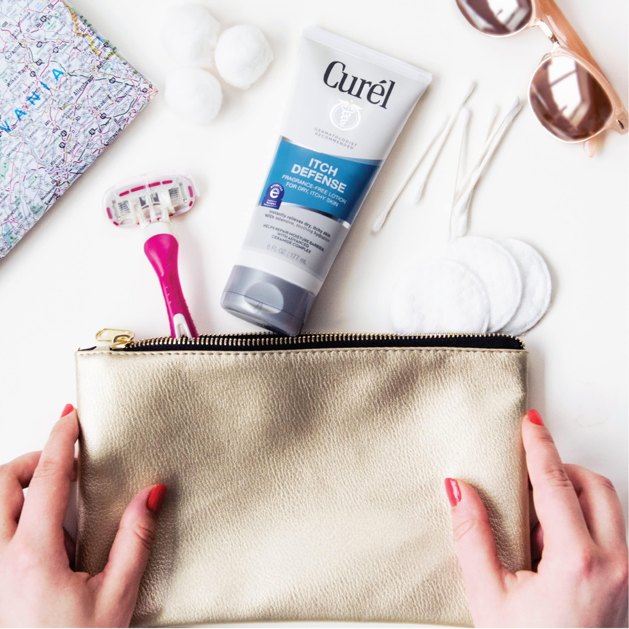 Curél Itch Defense applied to elbows and knees for smooth, hydrated skin.