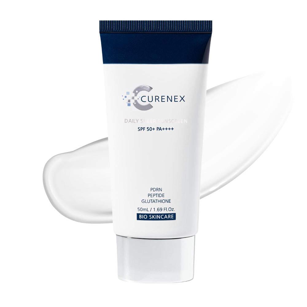 CURENEX Daily Sheer Sunscreen bottle with pump delivers all-day SPF50+ protection.