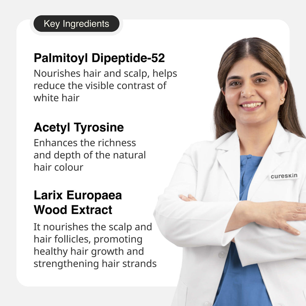 Cureskin Anti Gray Hair Serum applicator drops on palm illustrating easy application.
