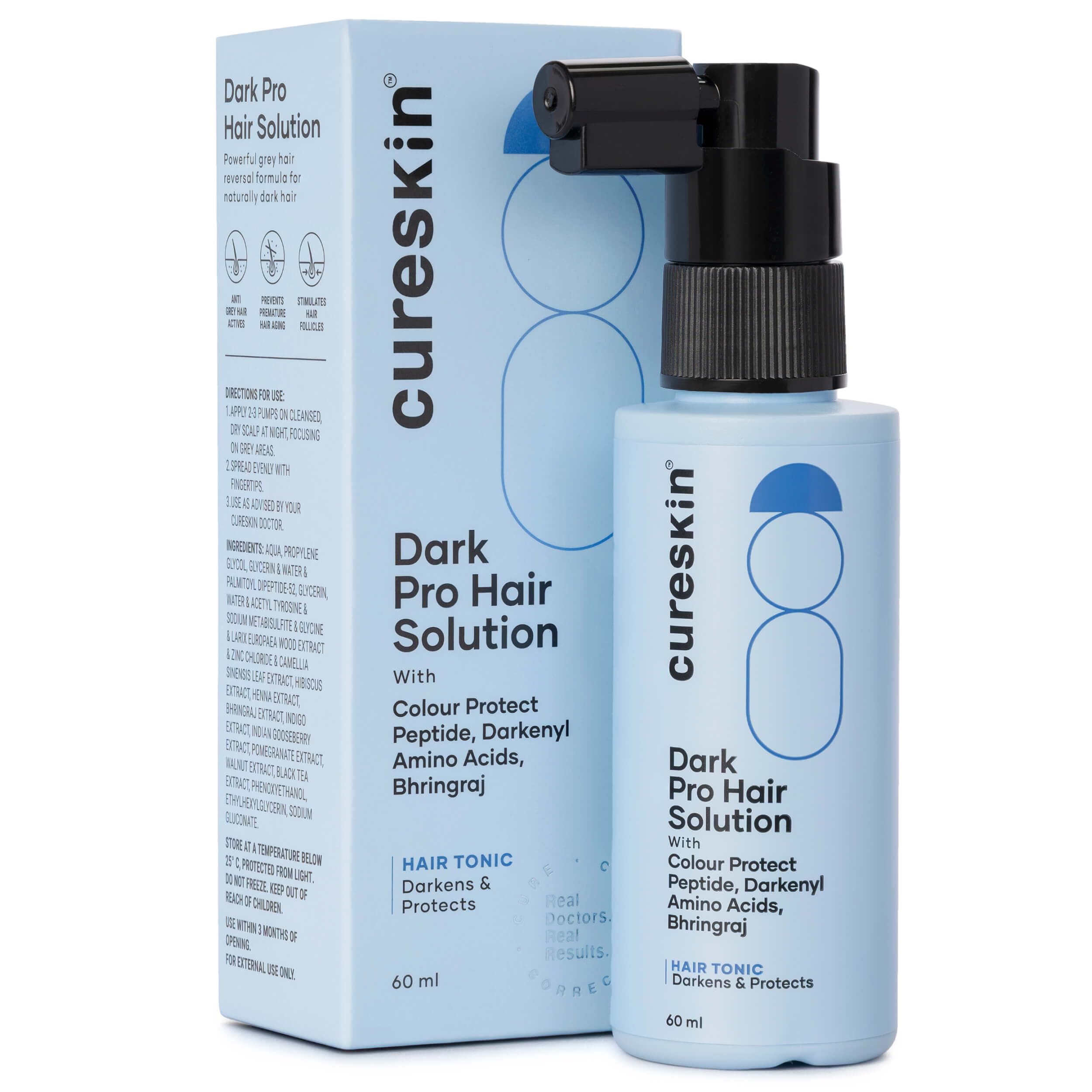 Cureskin Anti Gray Hair Serum bottle close-up for daily use and premium care.