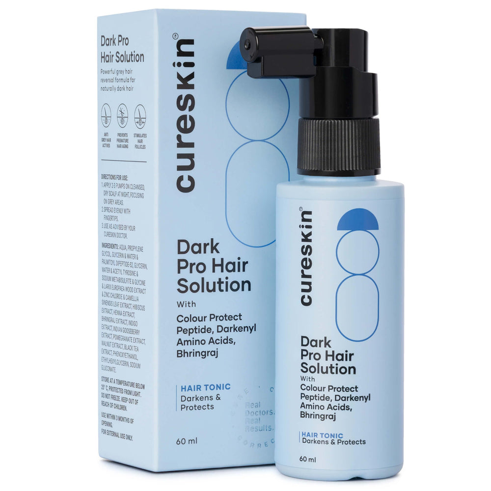 Cureskin Anti Gray Hair Serum bottle close-up for daily use and premium care.