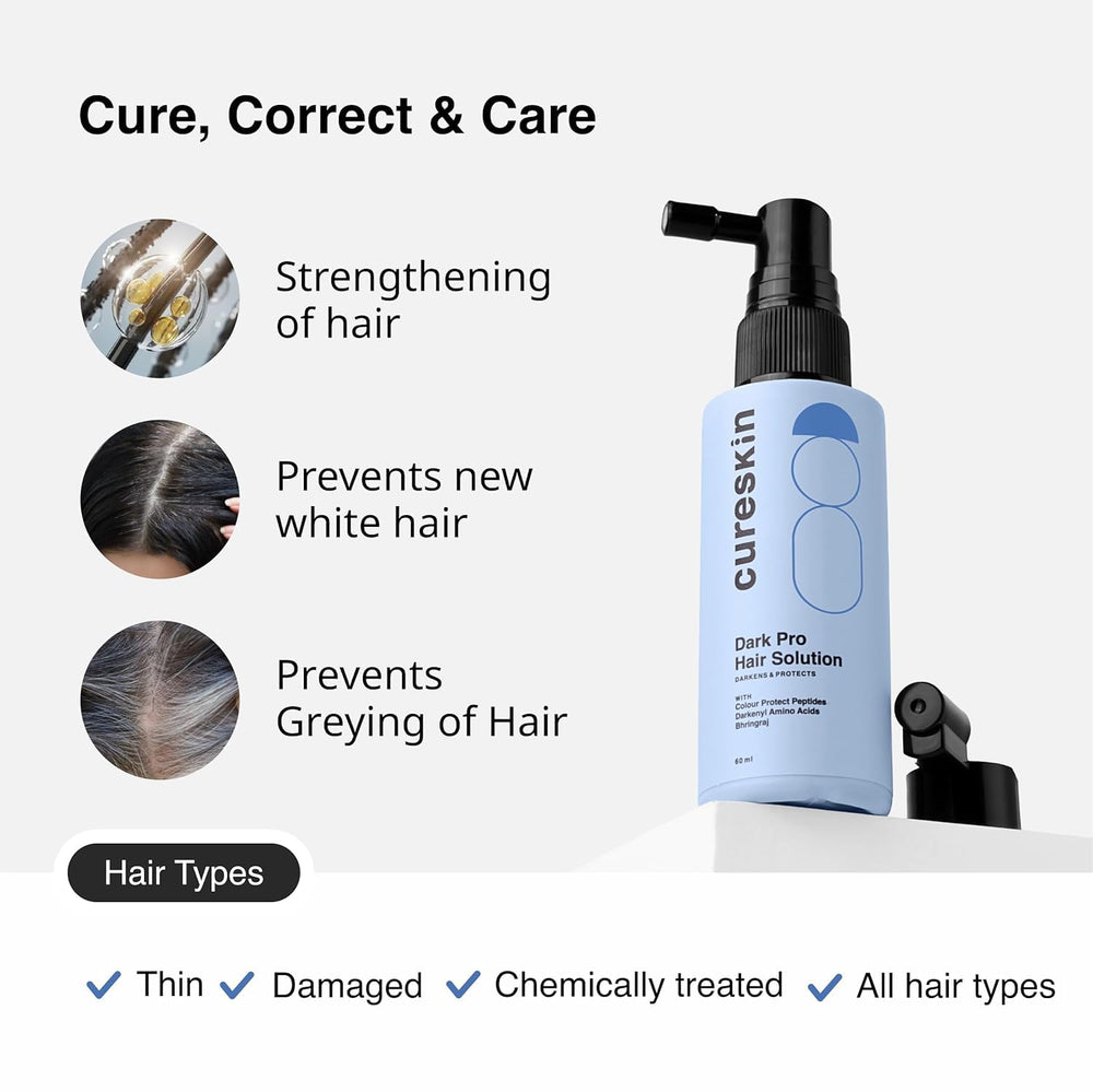 Cureskin Anti Grey Hair Serum after use shows darker, healthier hair strands.