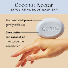 Curie Coconut Nectar Exfoliating Bar aroma highlighting tropical coconut apricot mint scent.