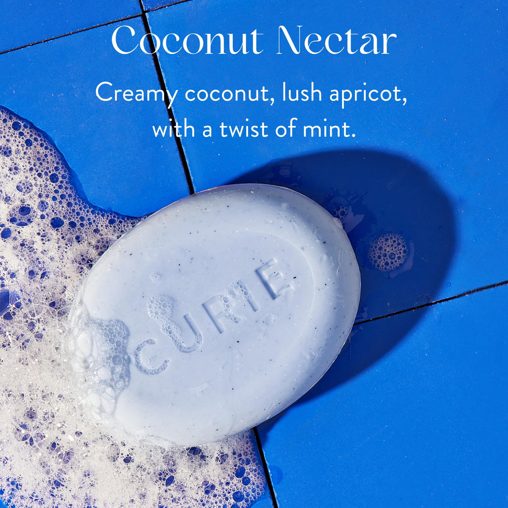 Curie Coconut Nectar Exfoliating Bar 3-pack packaging display.