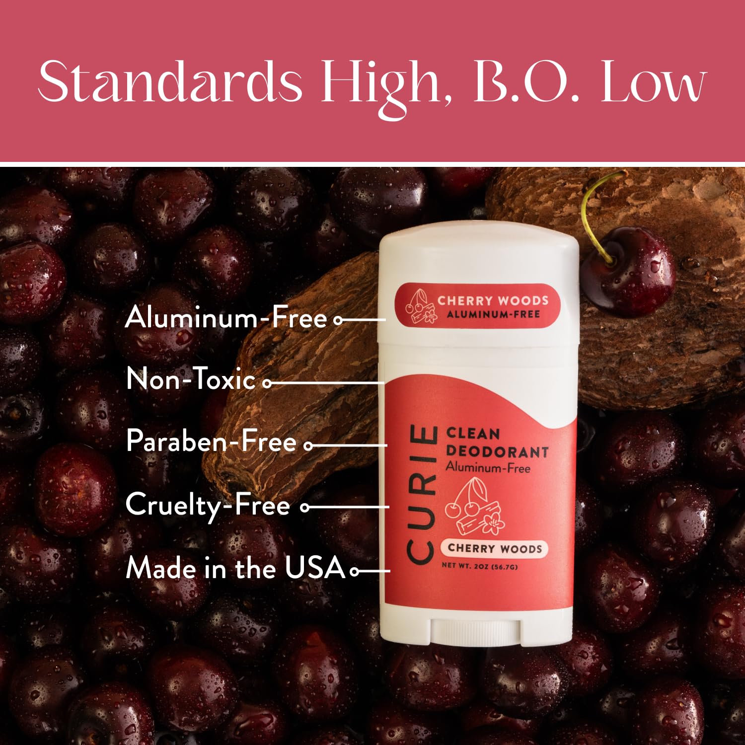 Curie Cherry Woods mini deodorant for on-the-go freshness and travel convenience.