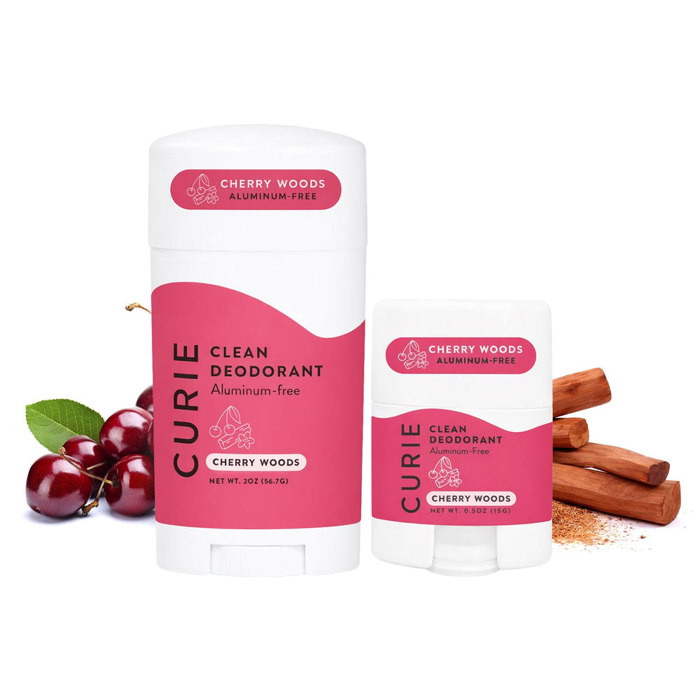 Curie Cherry Woods deodorant stick for all-day freshness with aluminum-free protection.