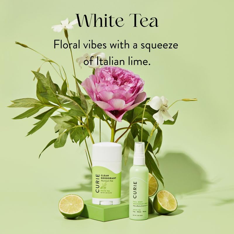 Curie ingredients panel indicates natural, non-toxic deodorant suitable for sensitive skin.