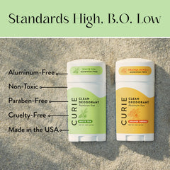Curie packaging box highlights clean formula and vegan, cruelty-free values.