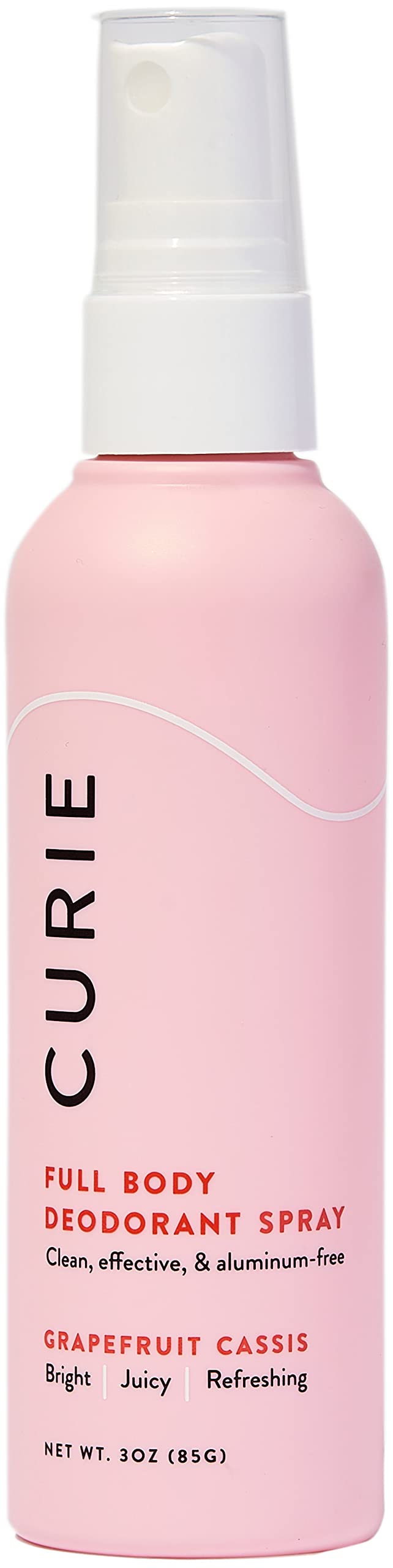 Curie full body spray deodorant bottle displayed for daily freshness and ease