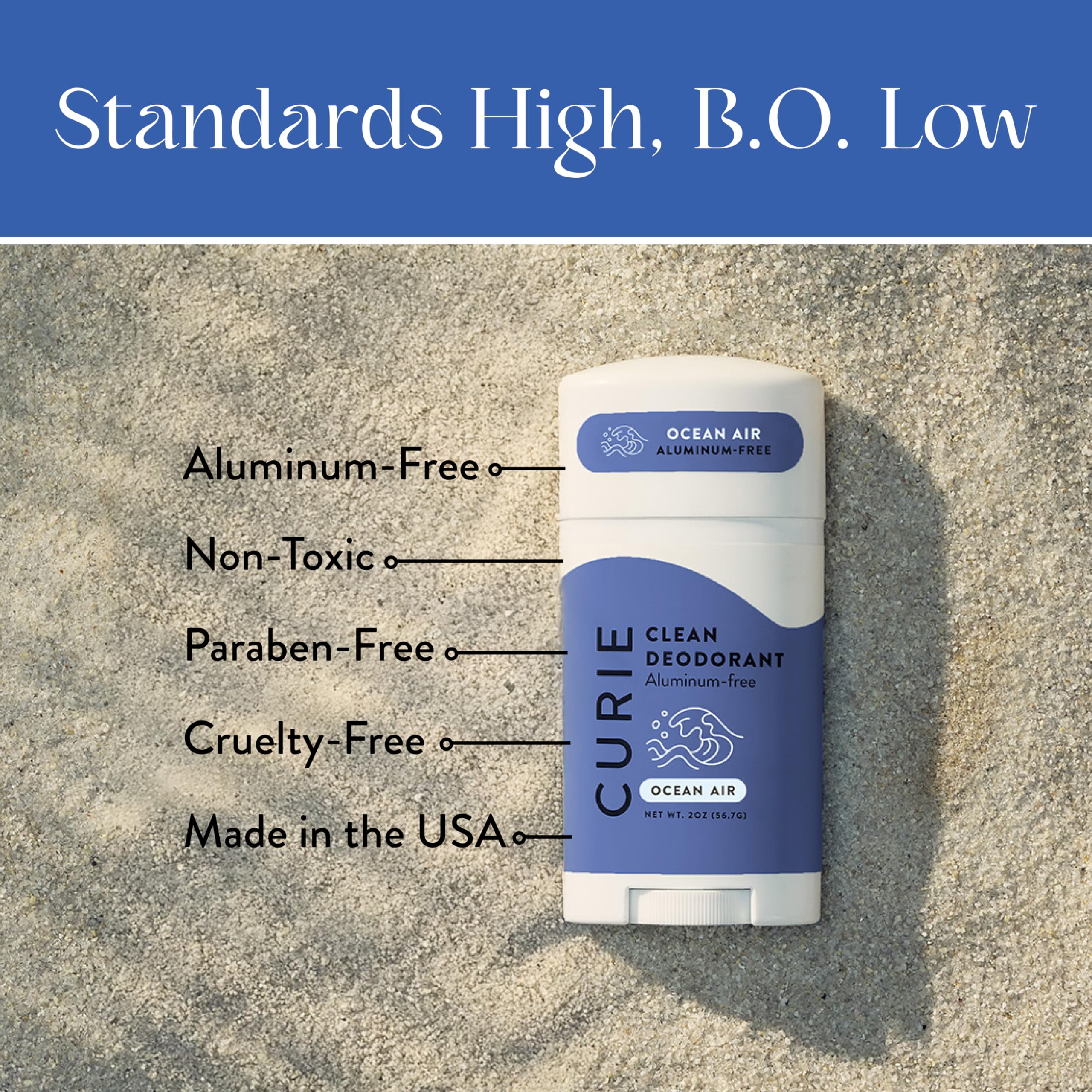 Curie Ocean Air aluminum-free formula provides gentle daily odor protection.