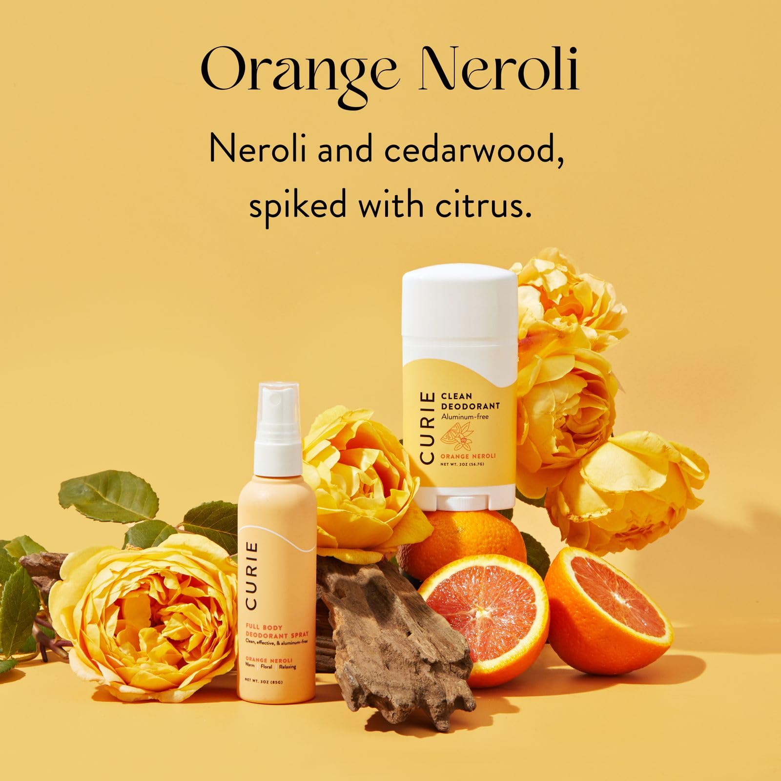 Orange Neroli scent notes from Curie deodorant for a refreshing daily ritual.