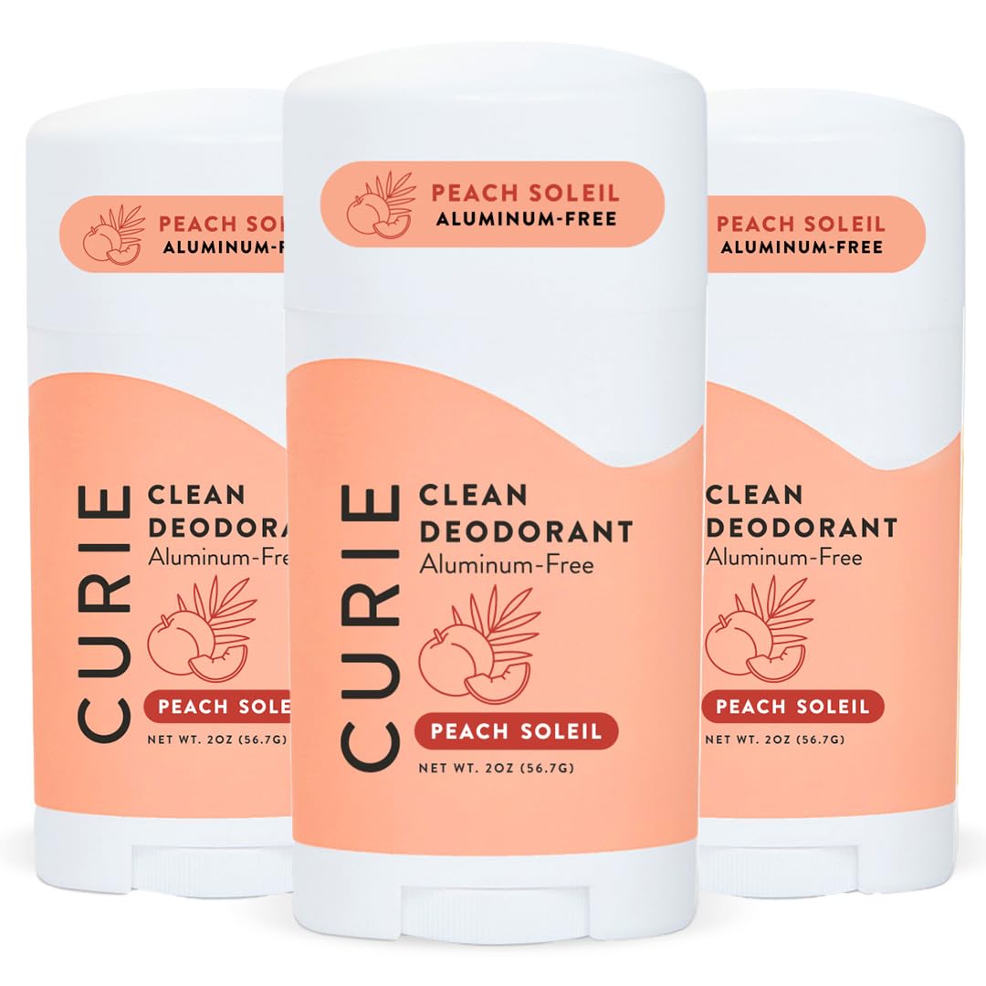 Curie Peach Soleil deodorant stick provides aluminum-free odor protection for all-day freshness.
