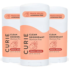 Curie Peach Soleil deodorant stick provides aluminum-free odor protection for all-day freshness.