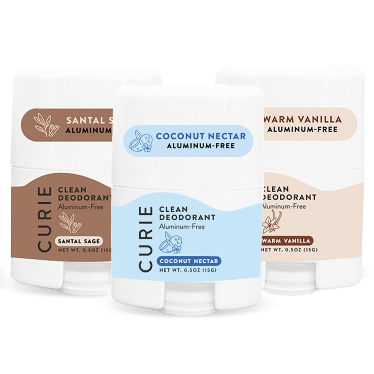 Curie travel-size deodorant in White Tea Lime scent for on-the-go freshness.