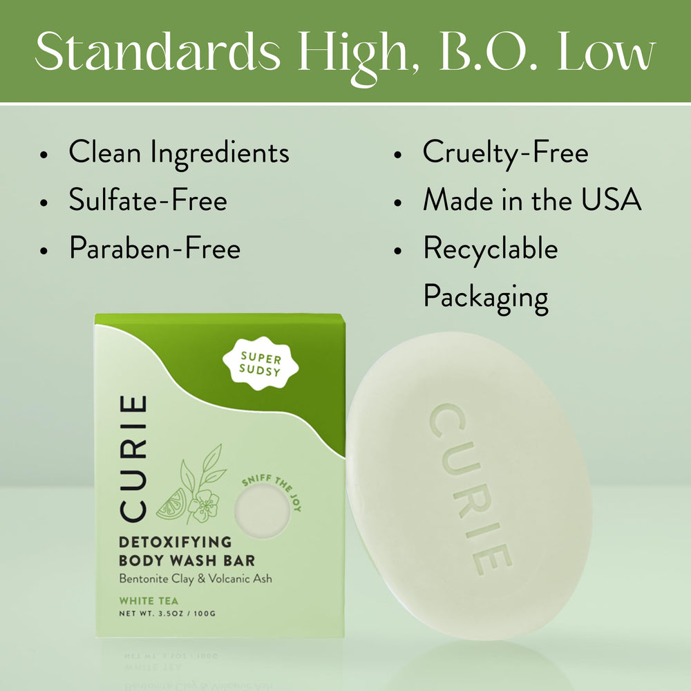 Curie White Tea Detoxifying Bar with bentonite clay for purifying pores.