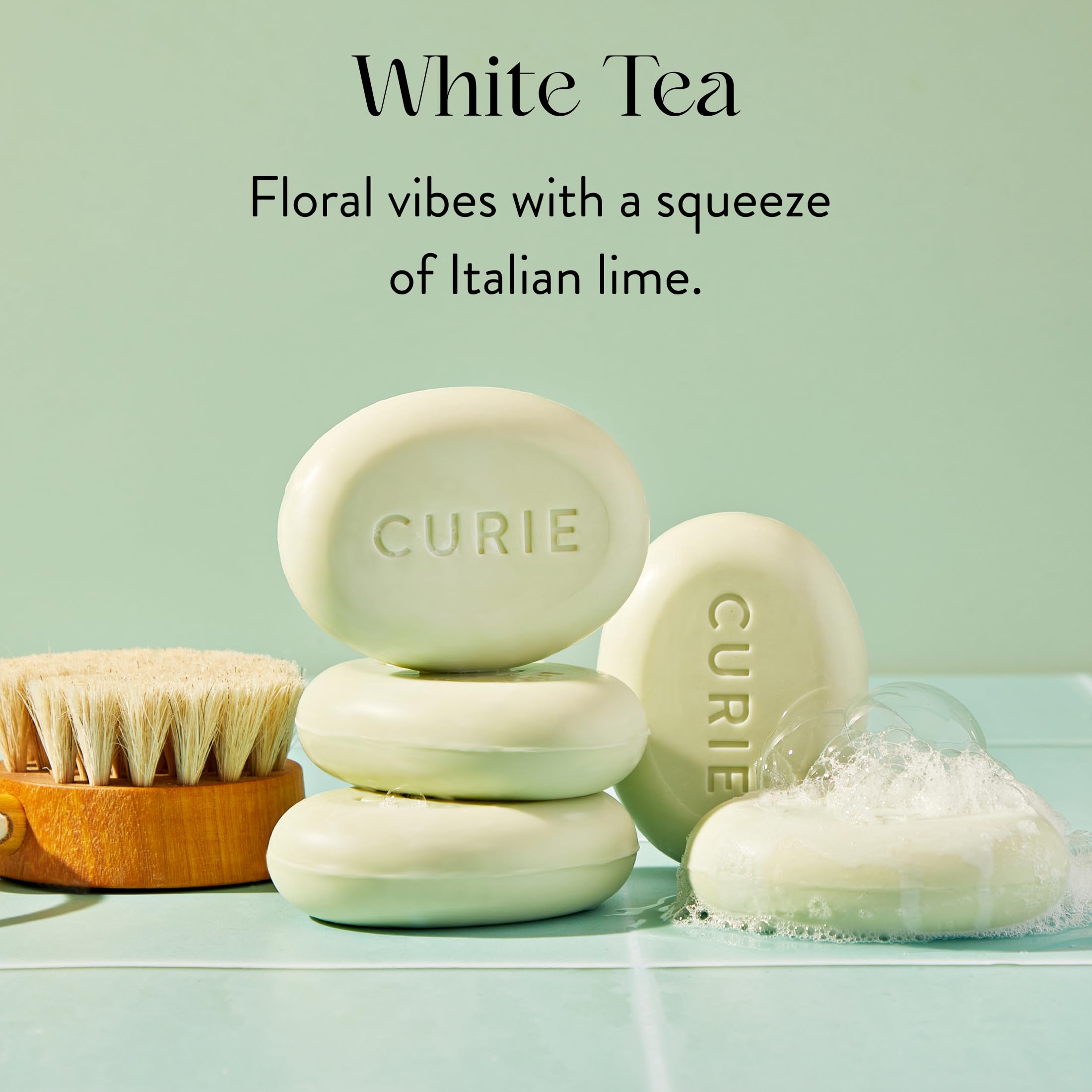 Curie White Tea Detoxifying Bar with volcanic ash for oil control and impurity removal.