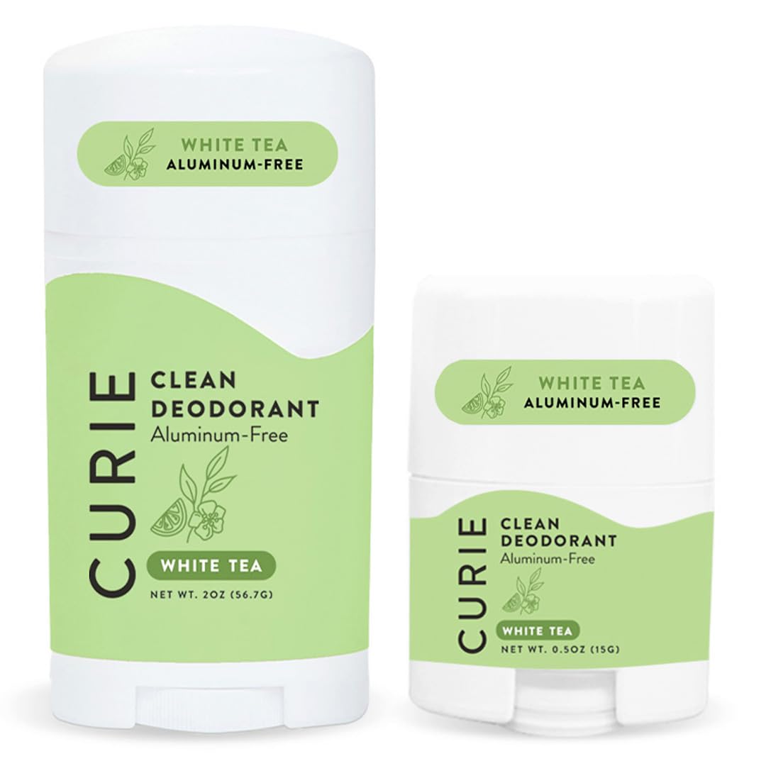 Curie White Tea stick deodorant, aluminum-free, for all-day freshness.