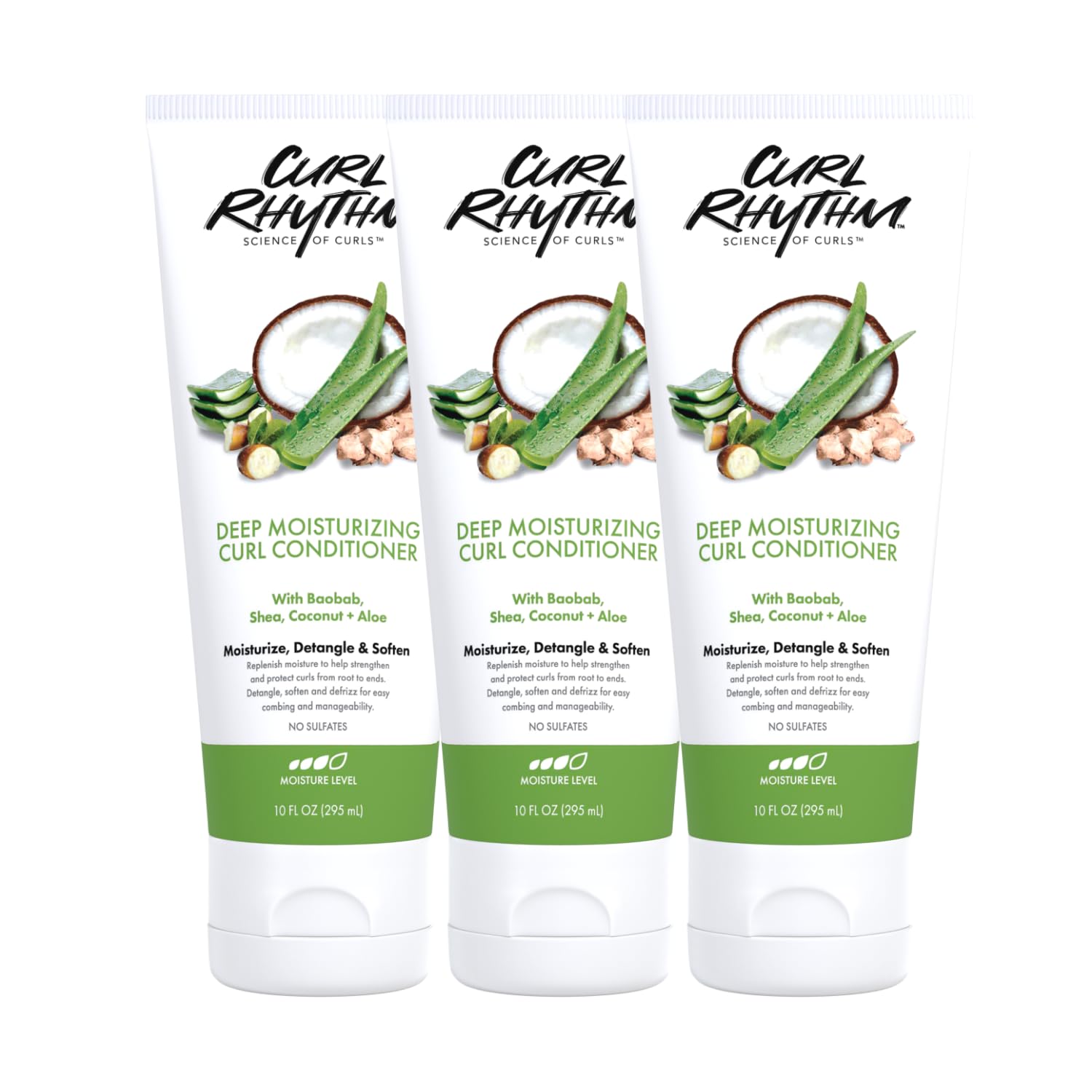 Curl Rhythm Deep Moisturizing Conditioner bottle pour promotes easy detangling for curly hair