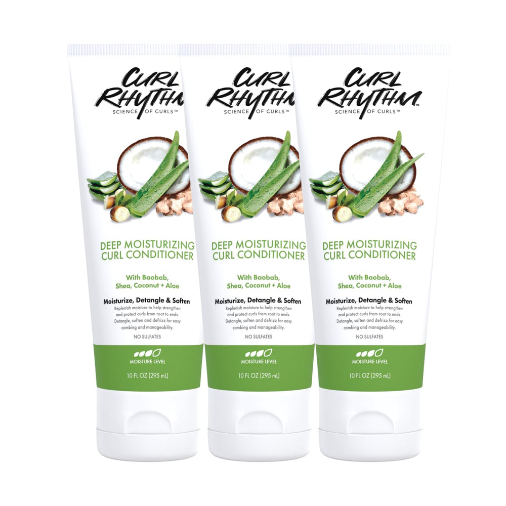 Curl Rhythm Deep Moisturizing Conditioner bottle pour promotes easy detangling for curly hair