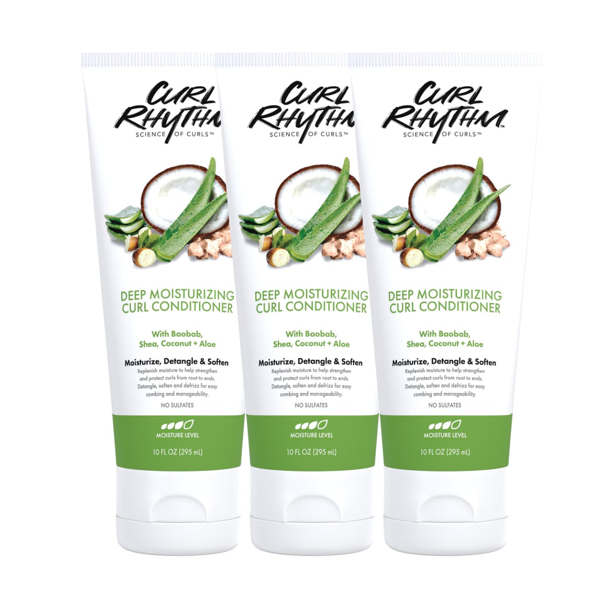Curl Rhythm Deep Moisturizing Conditioner bottle pour promotes easy detangling for curly hair