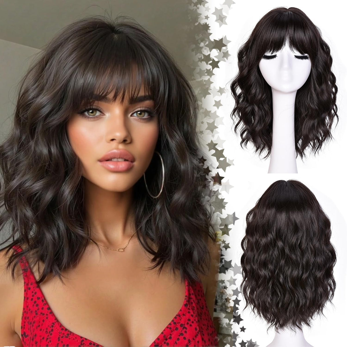 CURLCRAZY short wavy wig with bangs in dark brown for instant volume.