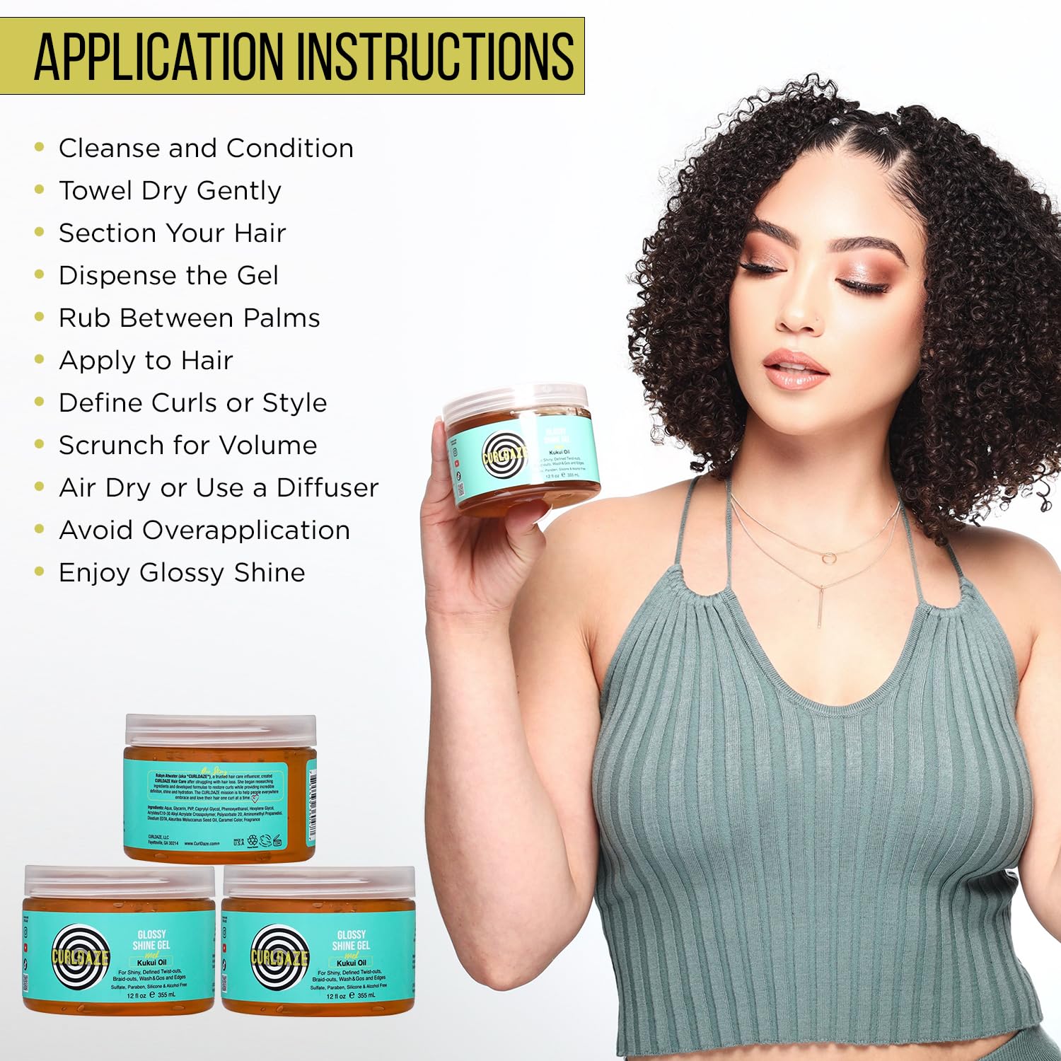 Curldaze Glossy Shine Gel helps smooth edges and tame flyaways.