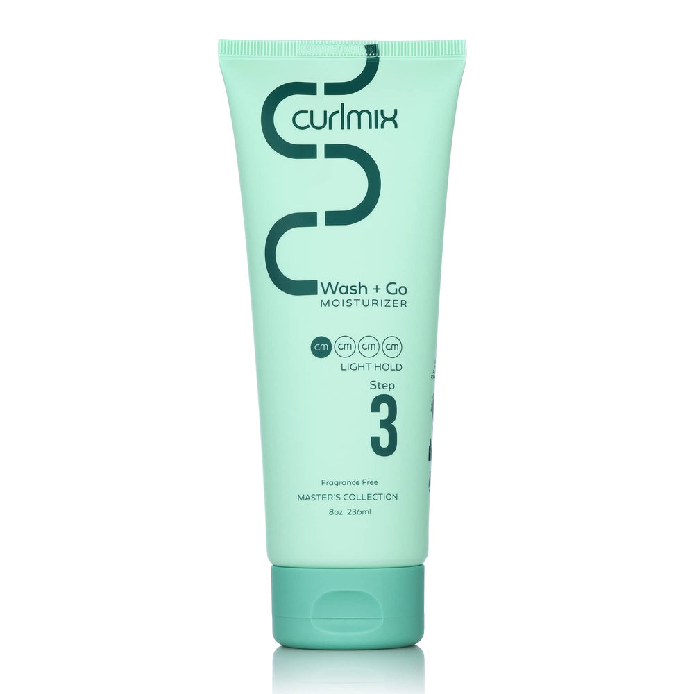 CurlMix Wash + Go Moisturizer packaging clearly labeled fragrance-free for sensitive scalps.