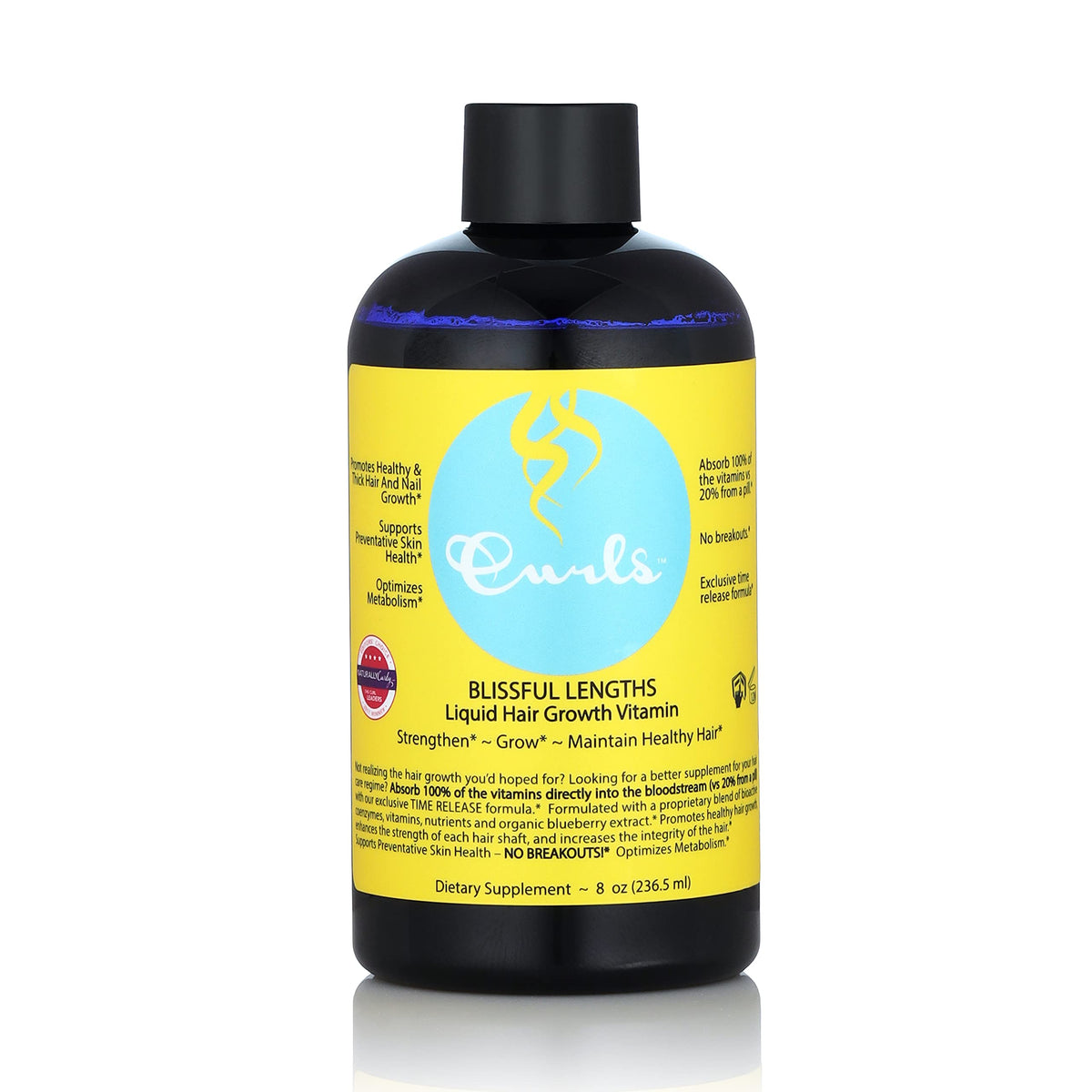 Curls Blueberry Bliss liquid bottle on surface supports healthy hair growth potential