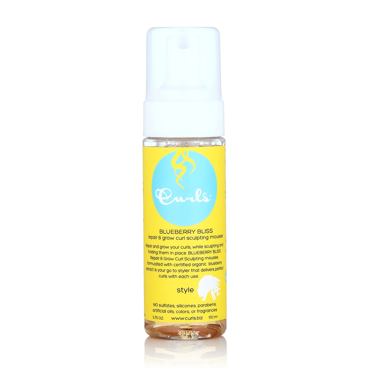 Curls Blueberry Bliss Sculpting Mousse bottle for defined curls and volume.