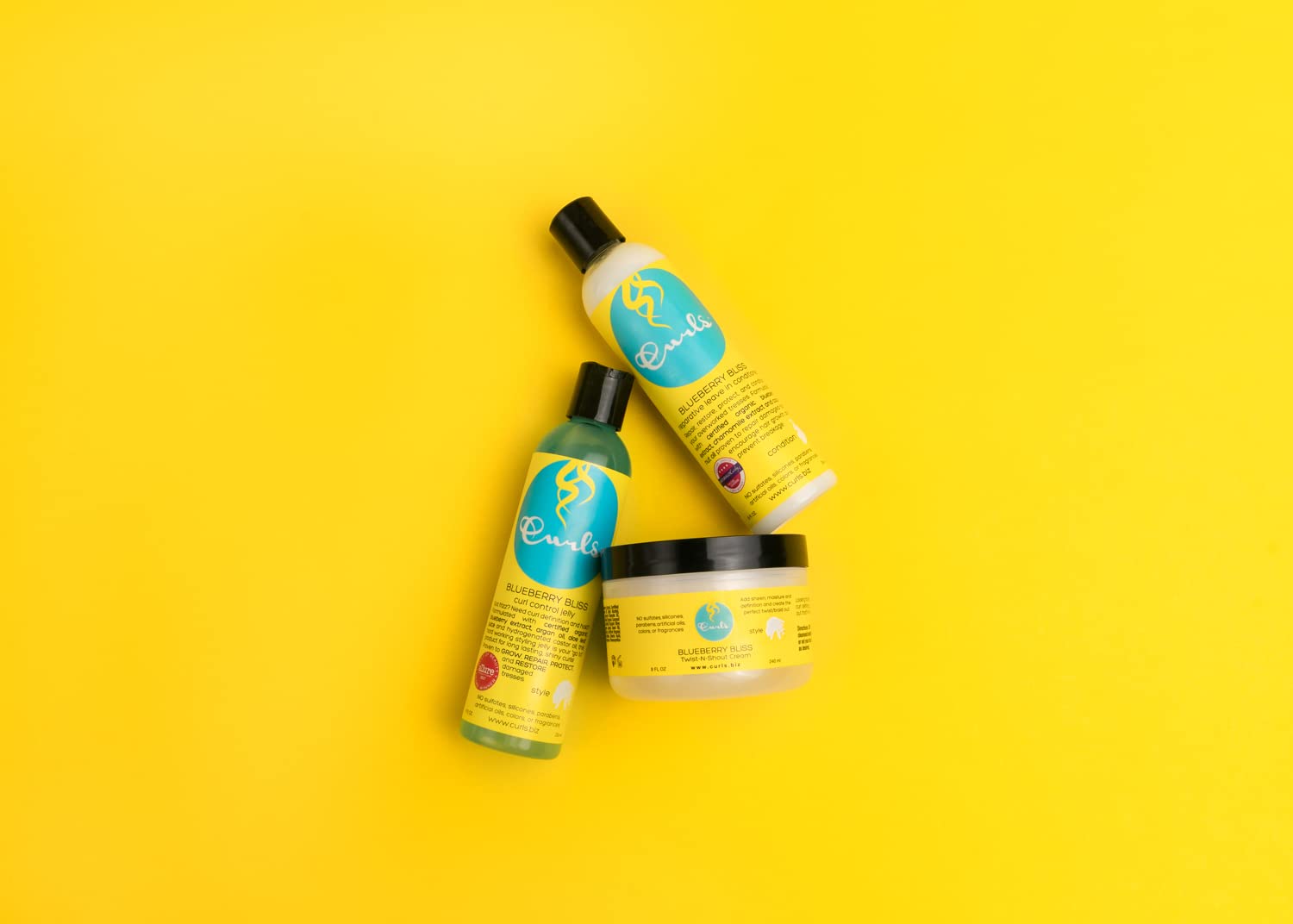 Curls product label shows sulfate-free and silicone-free formula.