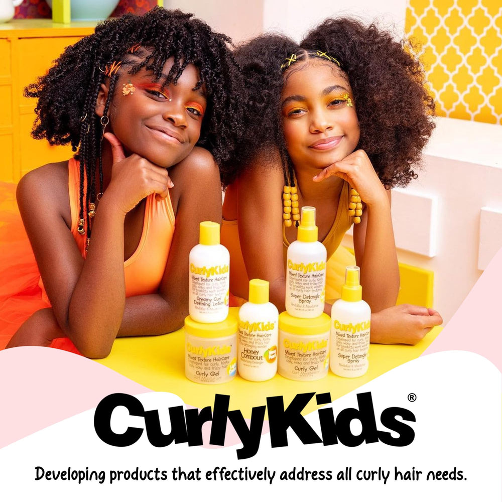 CurlyKids nourished curly strands close-up with hydrated curls.