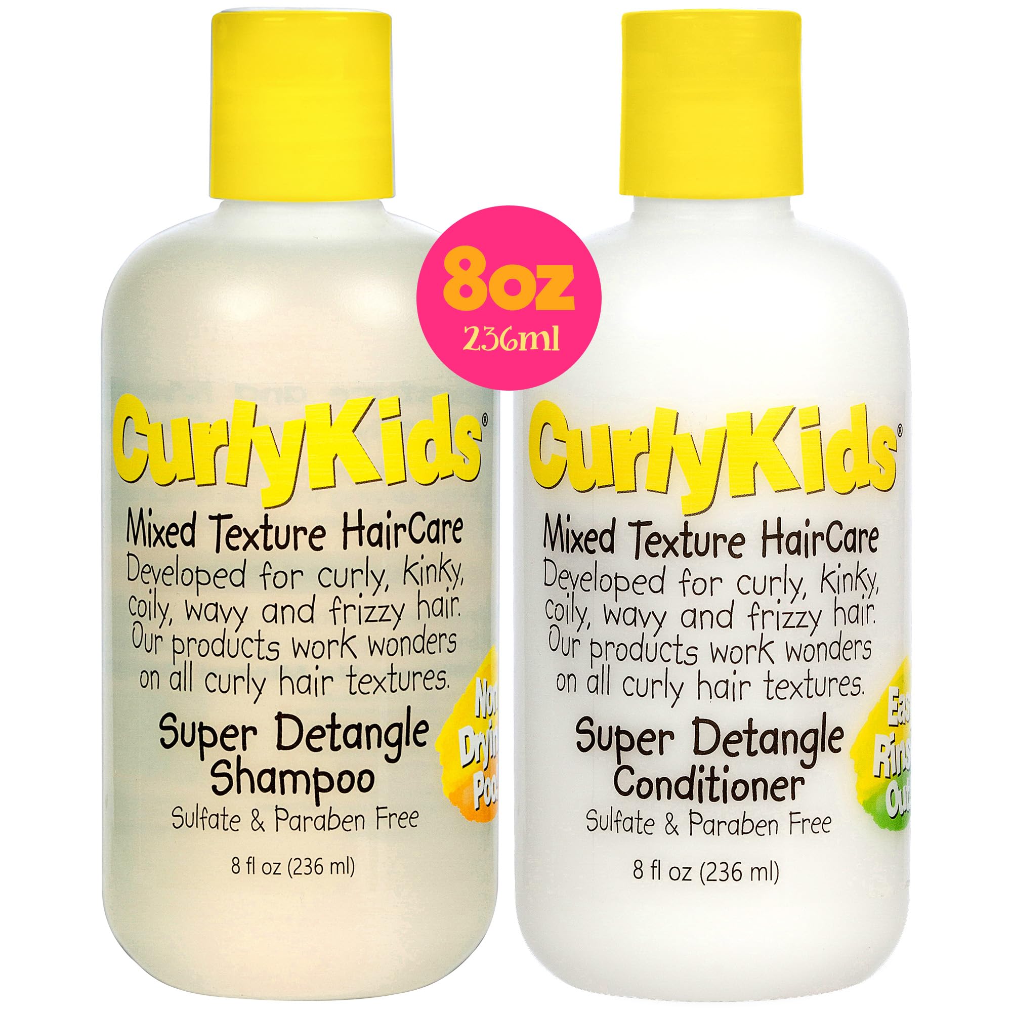 CurlyKids Super Detangle Shampoo bottle ready for use, promotes easy detangling and moisture.