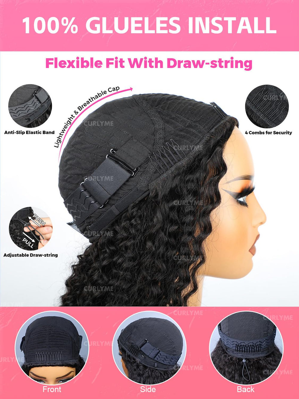 Curlyme half wig drawstring band and breathable cap for secure fit
