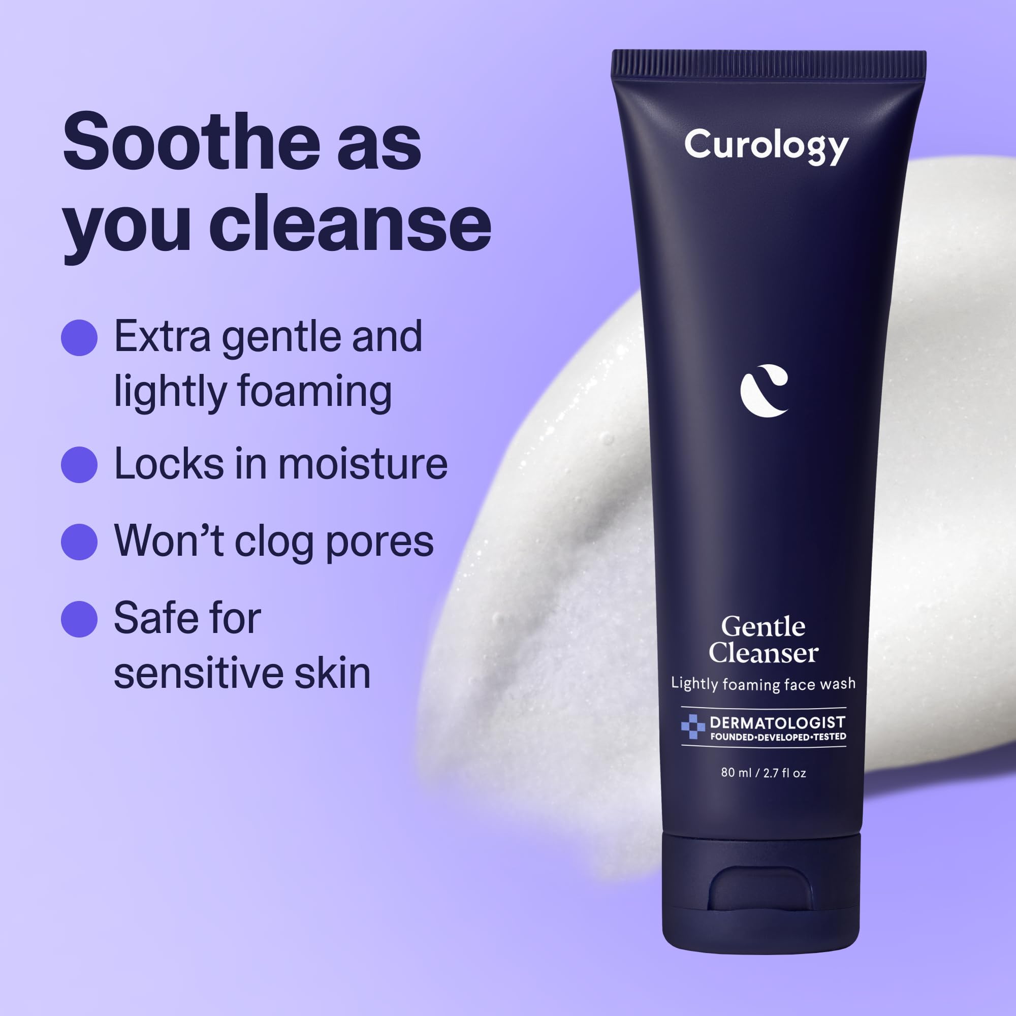 Curology Everyday Gentle Cleanser foaming lather on skin provides light, non-drying cleansing.