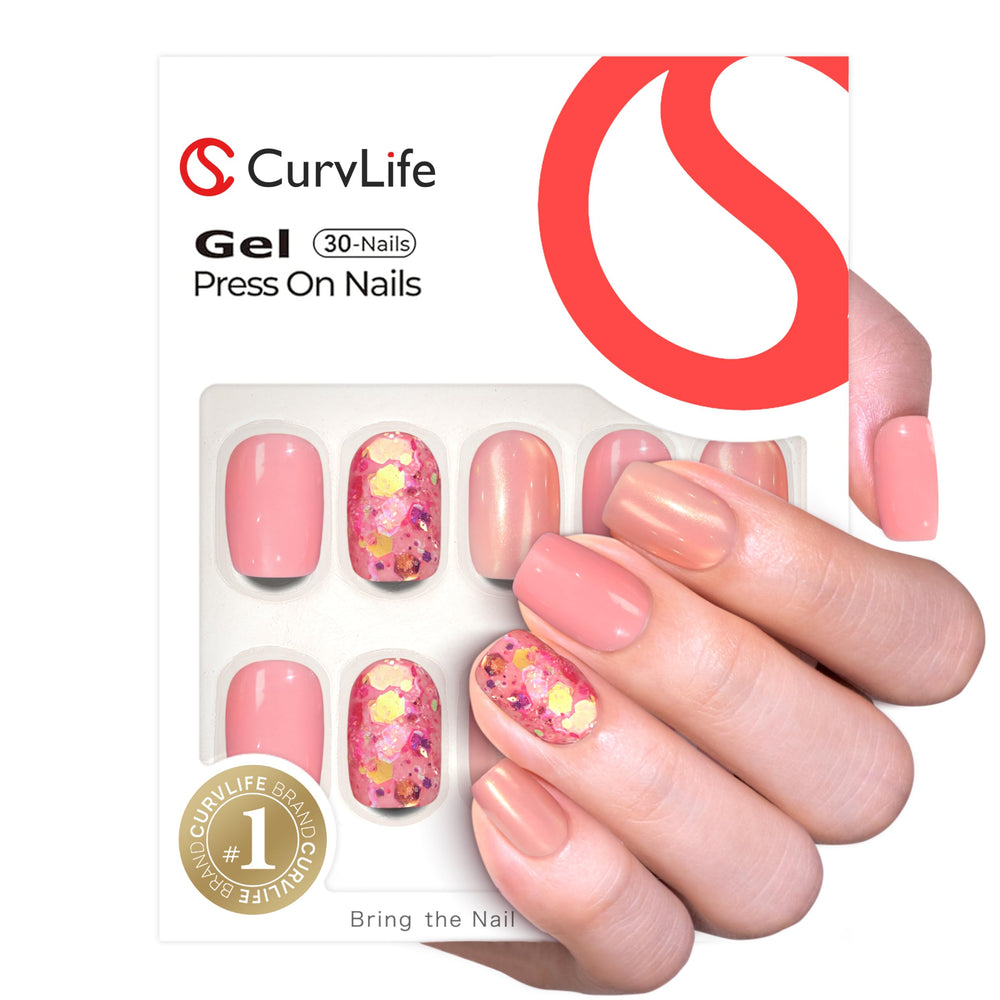 Curvlife nails shimmery peach closeup showing glossy finish