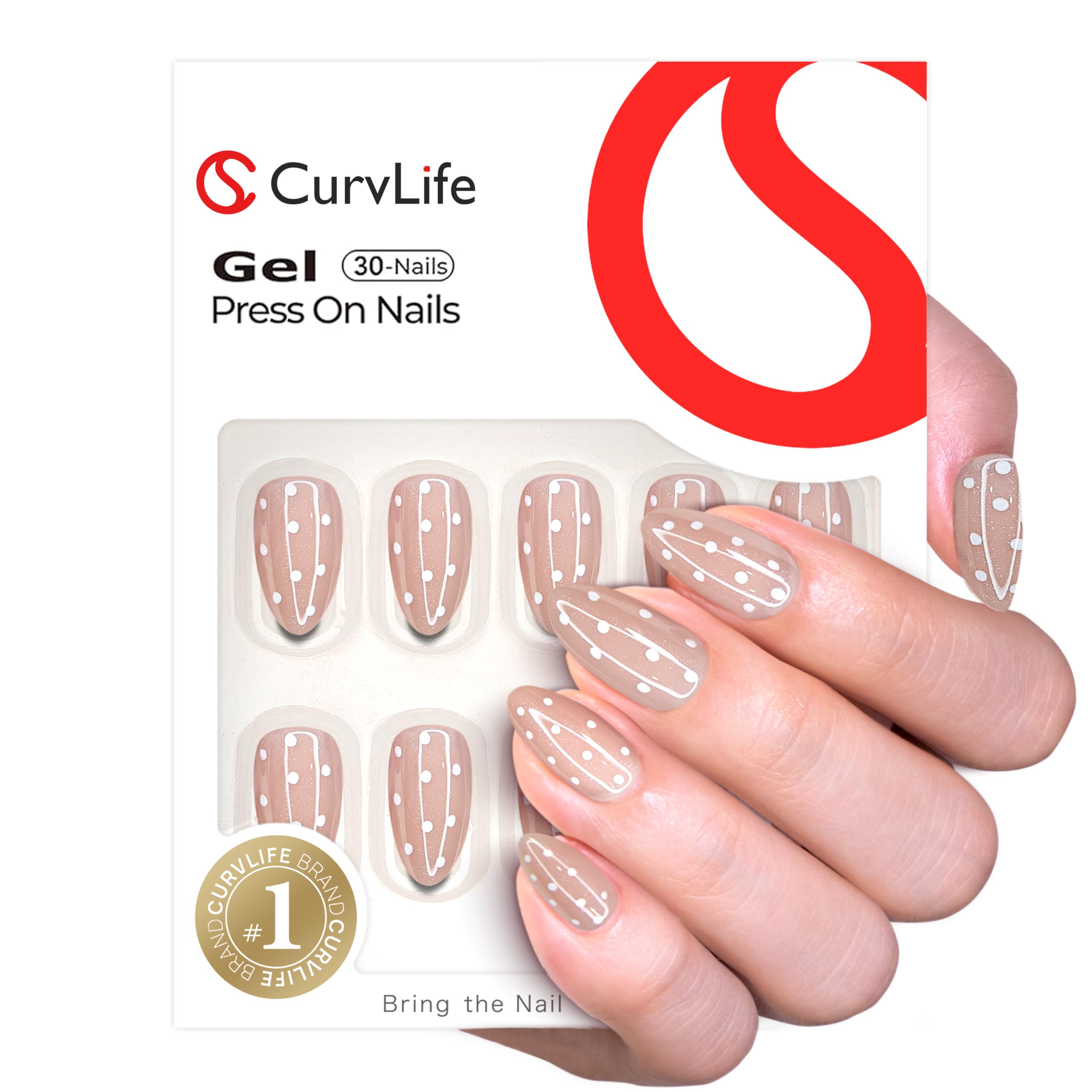 CurvLife soft gel almond nails with glossy finish for salon-like results.
