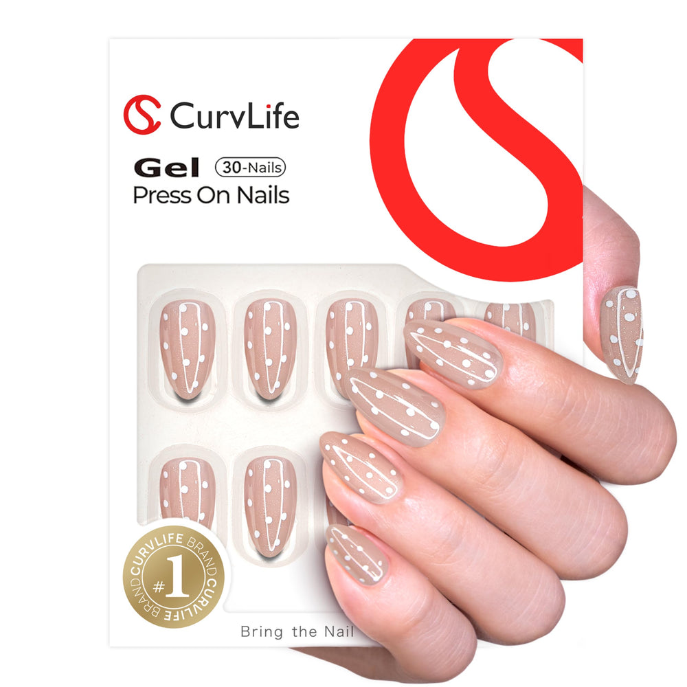 CurvLife soft gel almond nails with glossy finish for salon-like results.