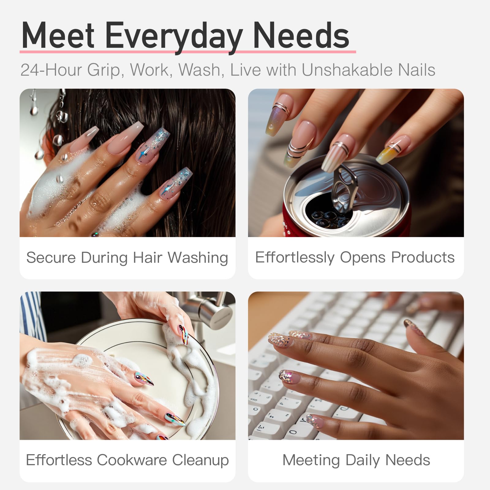 Curvlife Tip Press-On Nails worn during typing and chores illustrate durable daily wear.