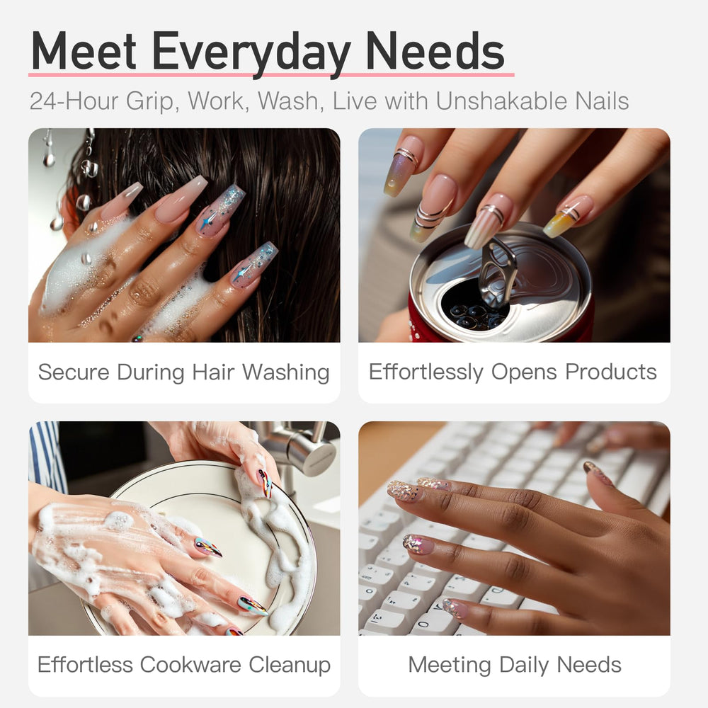 Curvlife Tip Press-On Nails worn during typing and chores illustrate durable daily wear.