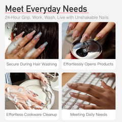 Curvlife Tip Press-On Nails worn during typing and chores illustrate durable daily wear.