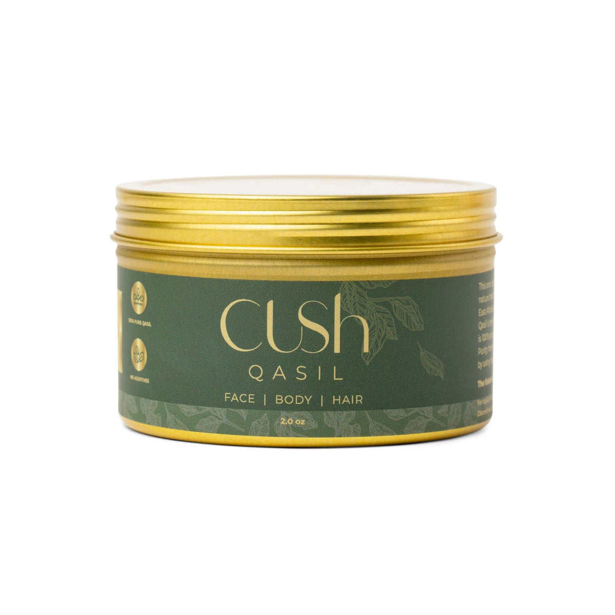 Cush Qasil powder container showing organic formula for daily skincare.