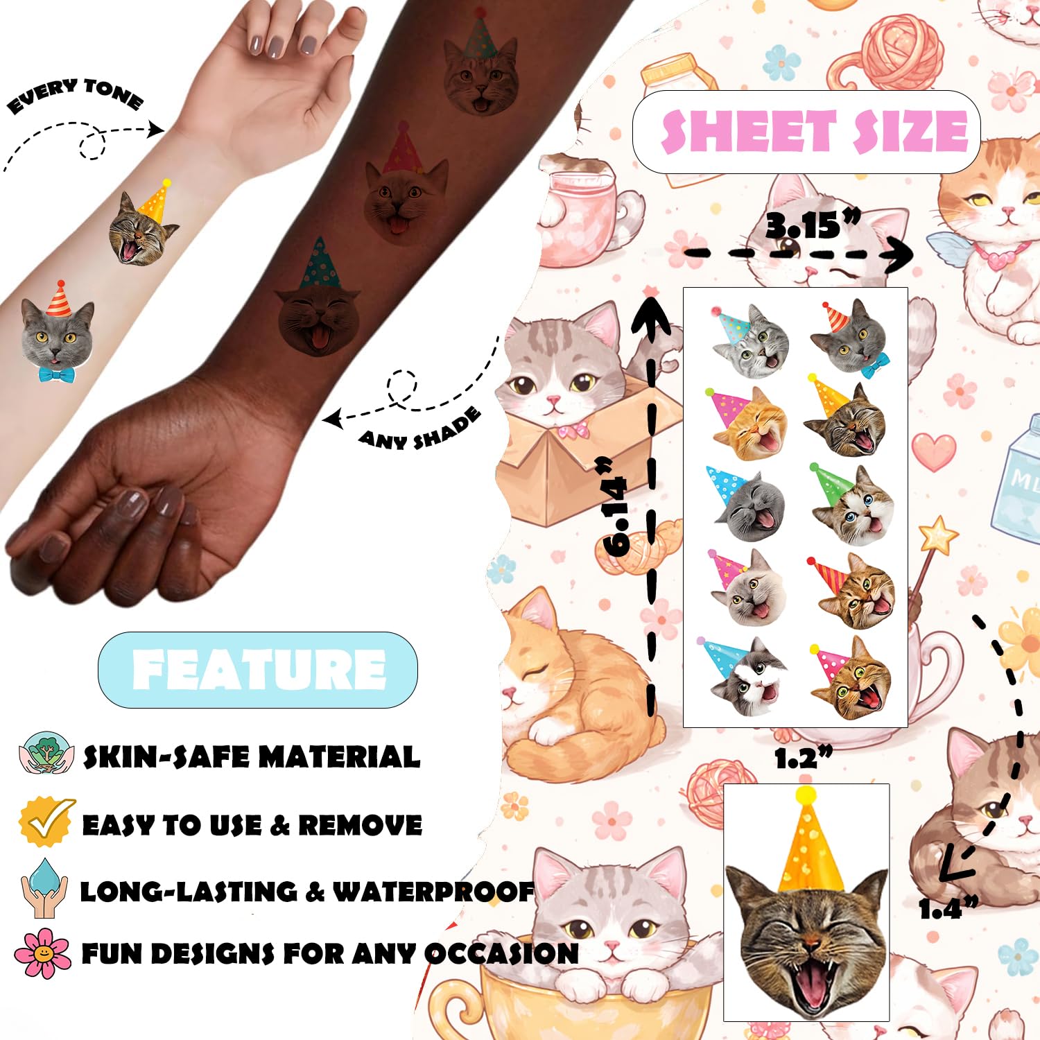 Cute Cat Tattoos placement on arm and wrist for versatile style options.