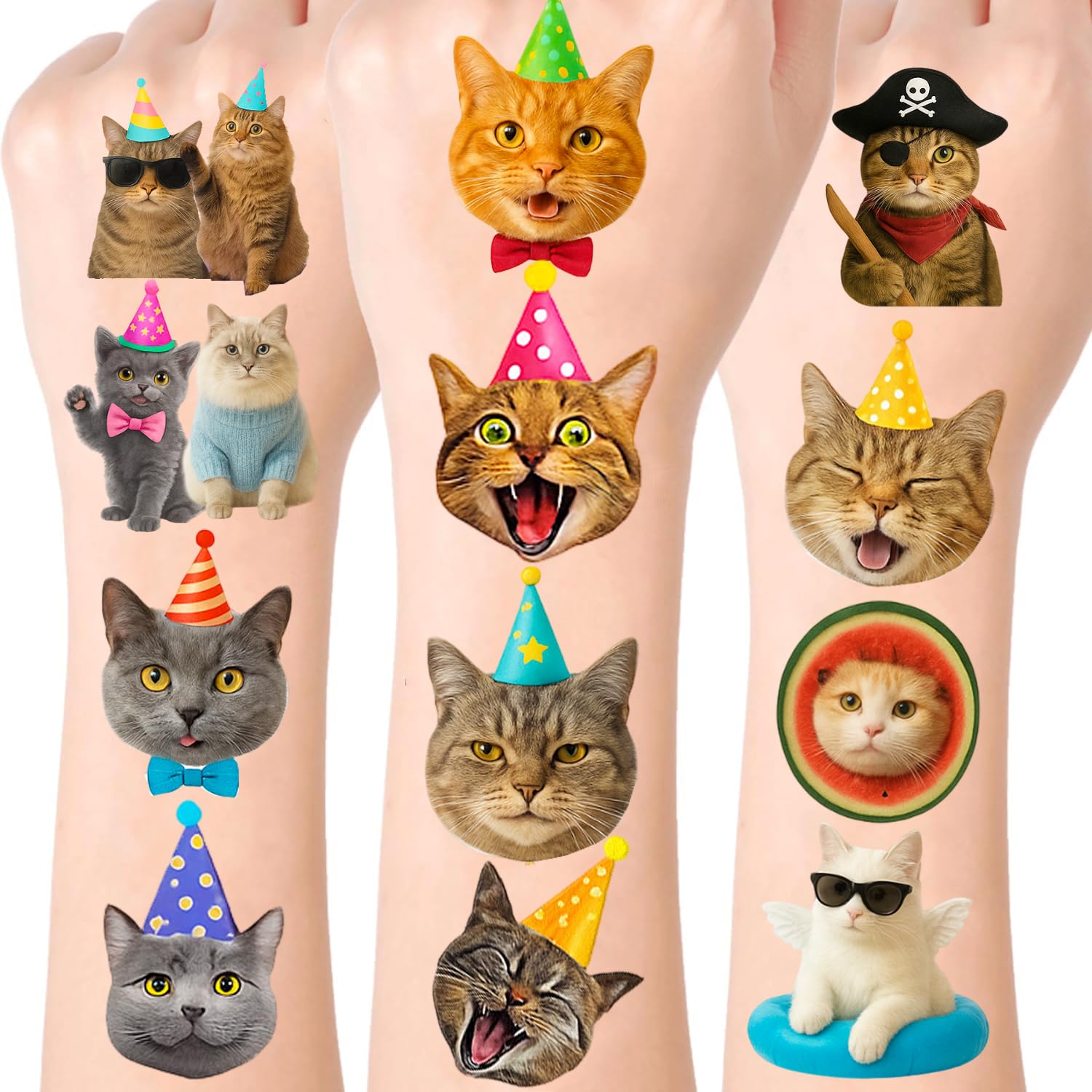 Cute Cat Tattoos sheet with playful kitten designs for arms and shoulders, great for party accessories.